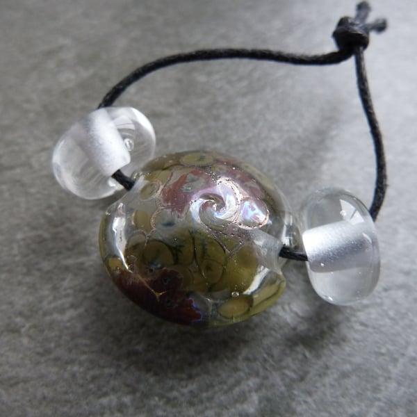 handmade lampwork glass bead, silver swirl