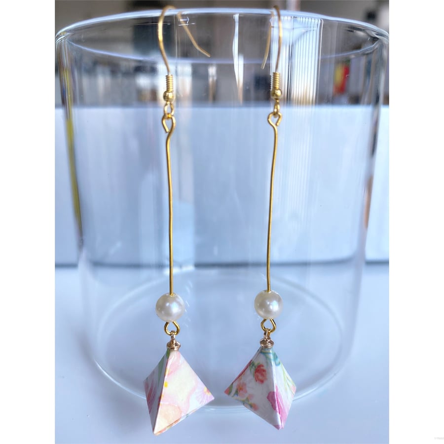Origami Triangle Earrings, Triangle Earrings, Earrings With Pearl