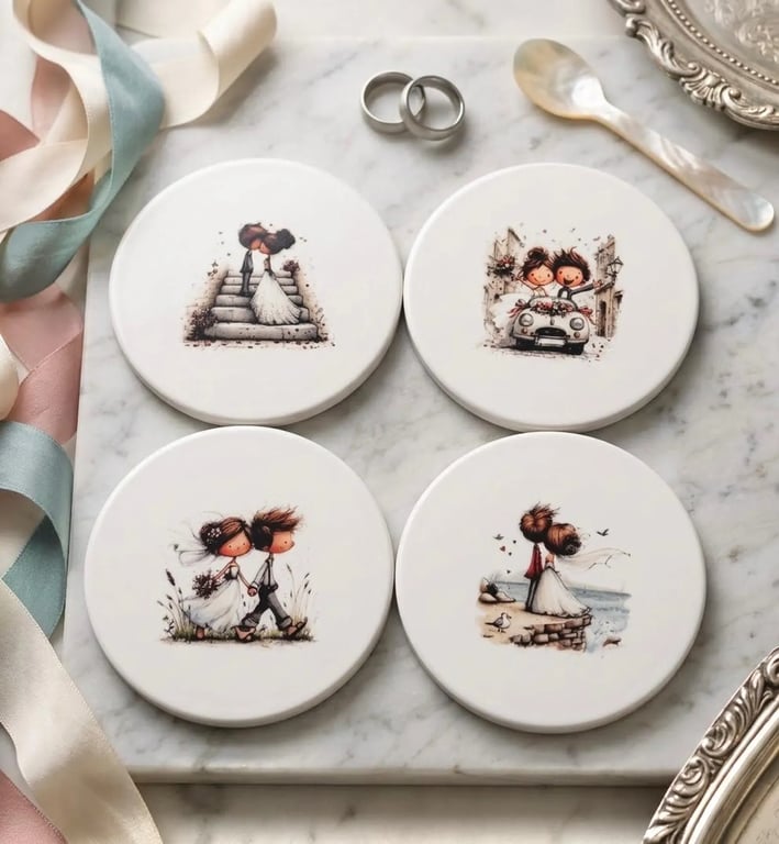 Whimsical Wedding "Happy Couple" Ceramic Coaster Set (4-Piece)