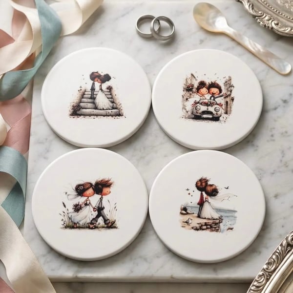 Whimsical Wedding "Happy Couple" Ceramic Coaster Set (4-Piece)