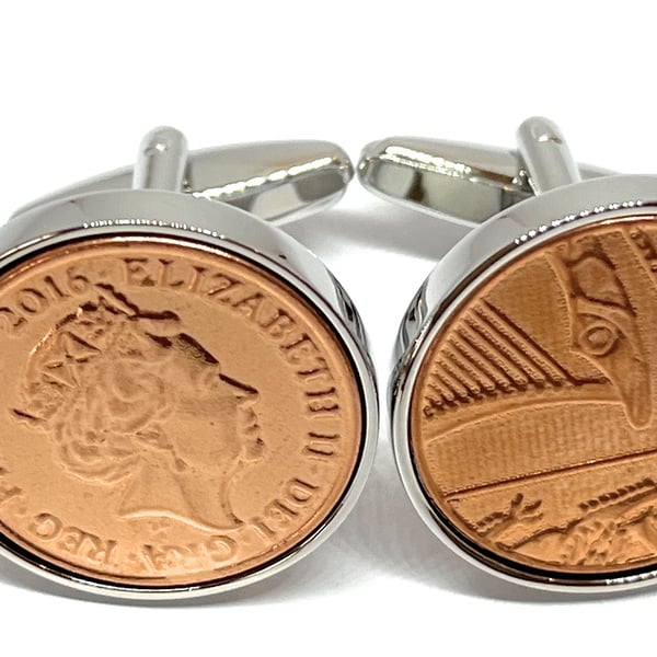 8th Bronze wedding anniversary cufflinks - Copper 1p coins from 2016