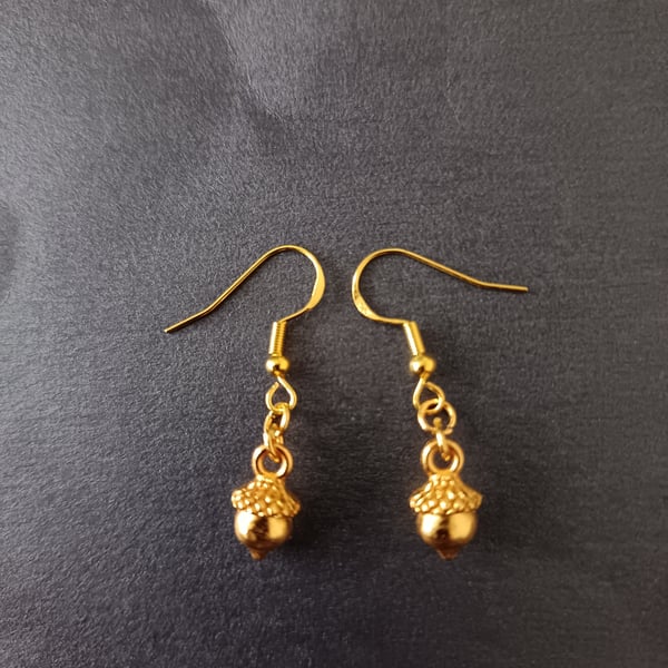 Small gold acorn charm dangle earrings 