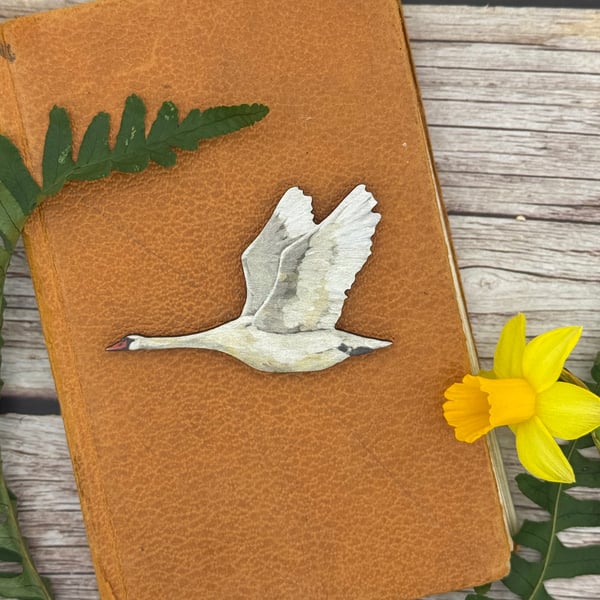 Swan in flight wooden magnet 