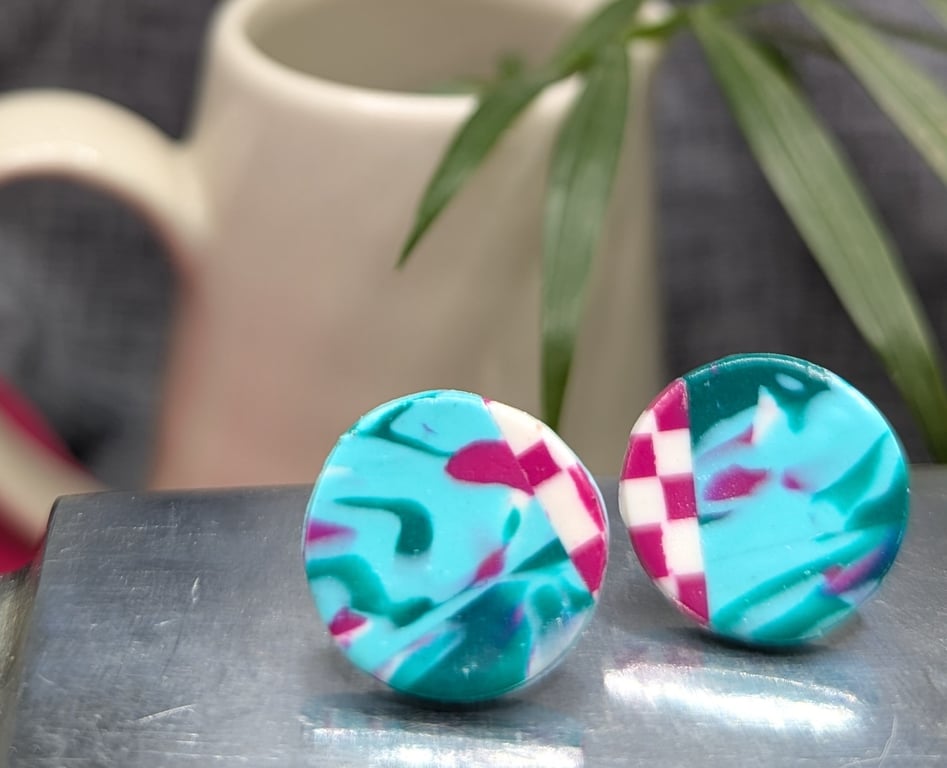 Teal with magenta studs earrings 