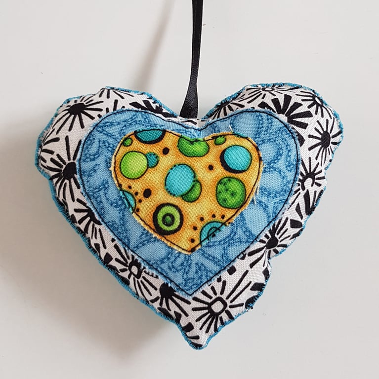 Blue And Yellow Dotty Heart Hanging Decoration with Sunshine Print Cotton