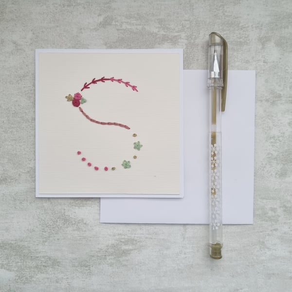 Letter S embroidered card, hand stitched initial card, hand sewn keepsake card