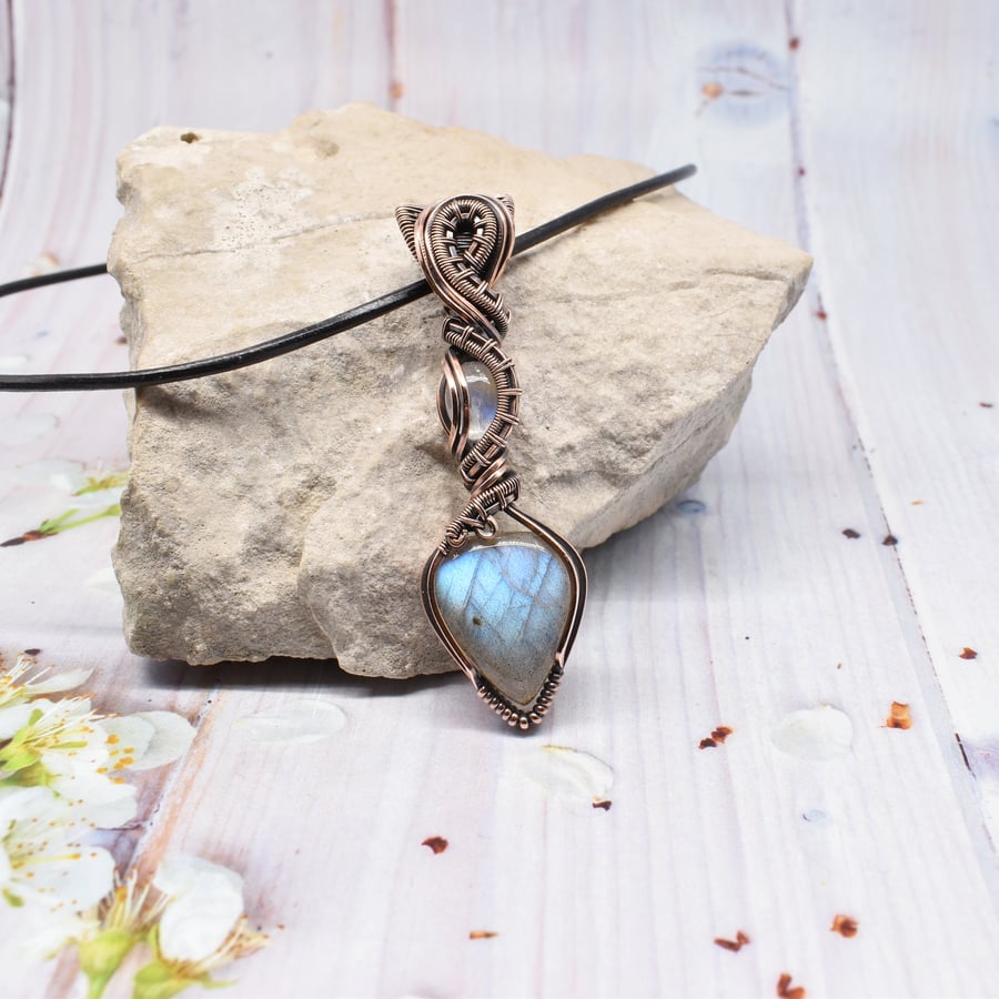 Labradorite and Moonstone Wire Wrapped Double stone Copper Pendant