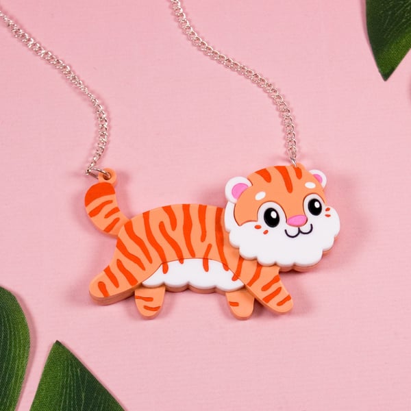 Tiger Acrylic Necklace, Animal lover Jewellery, Laser Cut Acrylic