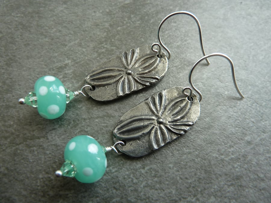 sterling silver, pewter flowers and green lampwork glass earrings