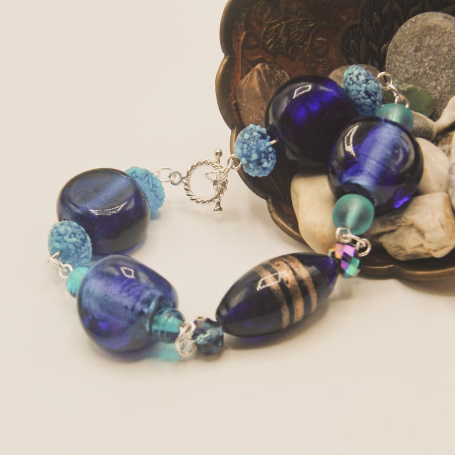 Blue Glass Bead and Crystal Bracelet, Blue Summer Bracelet, Gift for Her