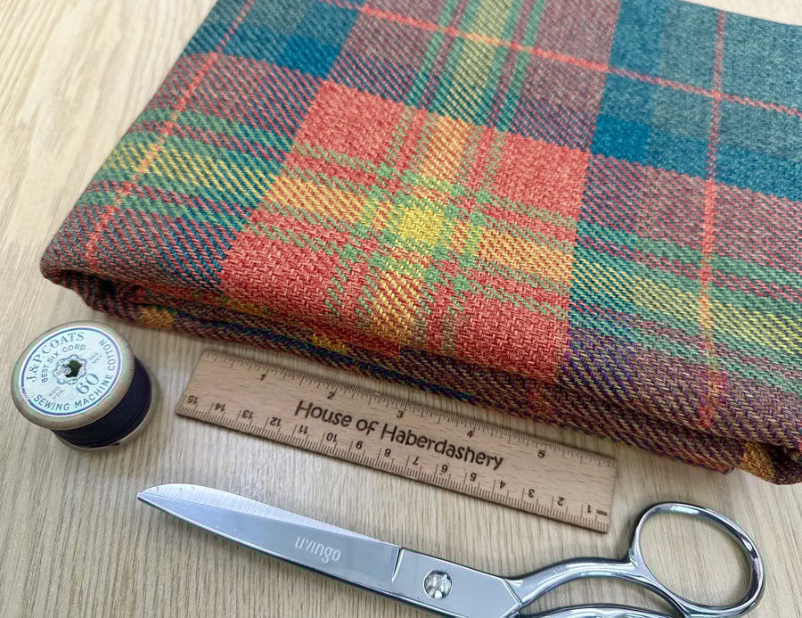 Grampian 'Daschund' Orange & Green Tartan Check Faux Wool Upholstery Fabric