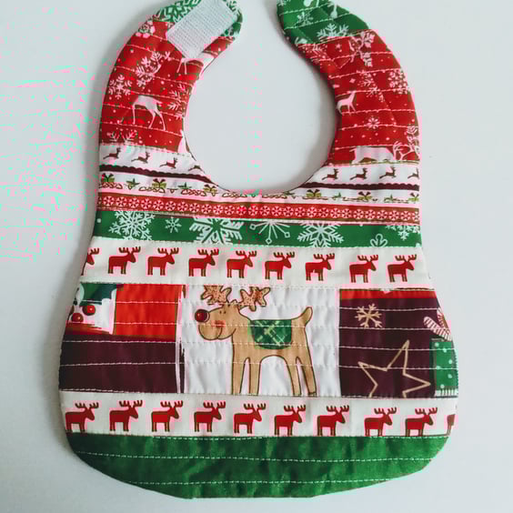 Christmas bib, Patchwork, quilted, OOAK, reversible bib, newborn baby, reindeer 