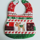 Christmas bib, Patchwork, quilted, OOAK, reversible bib, newborn baby, reindeer 