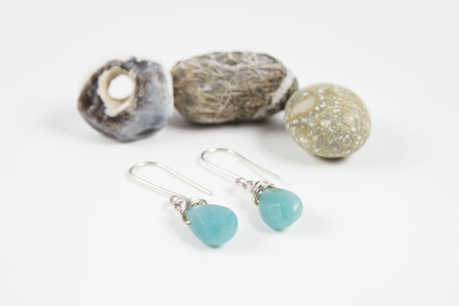 Silver Wire Wrapped Faceted Amazonite Briolette Drop Earrings