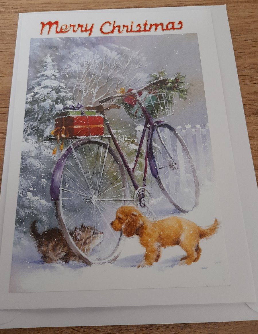 CUTE CHRISTMAS CARD WITH CAT, DOG AND BICYCLE CHRISTMAS SCENE.