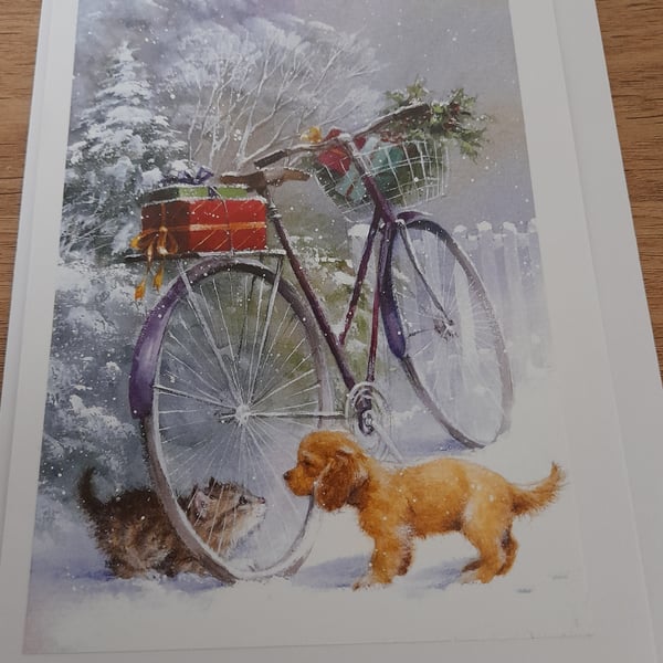 CUTE CHRISTMAS CARD WITH CAT, DOG AND BICYCLE CHRISTMAS SCENE.
