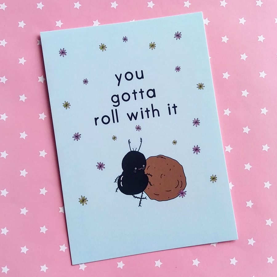 roll with it motivational postcard & envelope, positivity, keep going