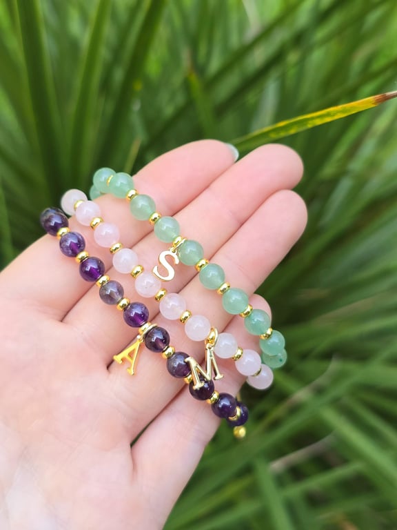 Custom Made Gemstone Bracelet with Gold Initial Charm
