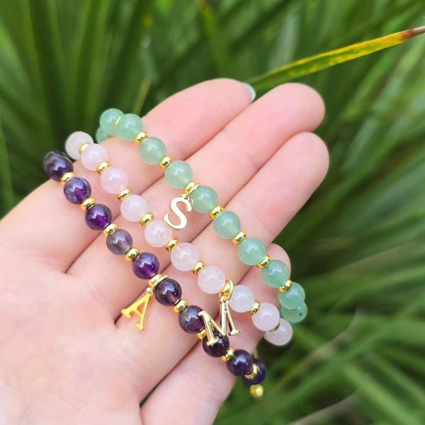 Custom Made Gemstone Bracelet with Gold Initial Charm