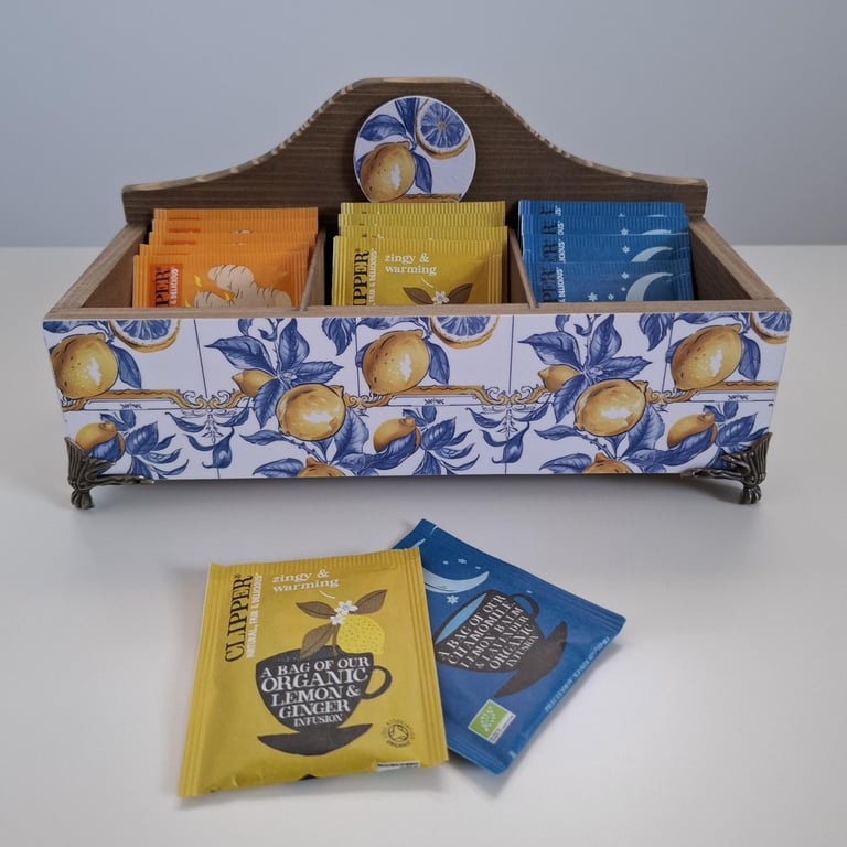 Wooden Tea Box with Compartments, Decoupaged & Hand Painted Tea Storage