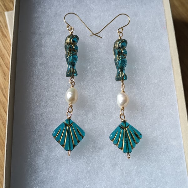 The Mermaid Earrings - Pearls, Czech glass, rolled gold