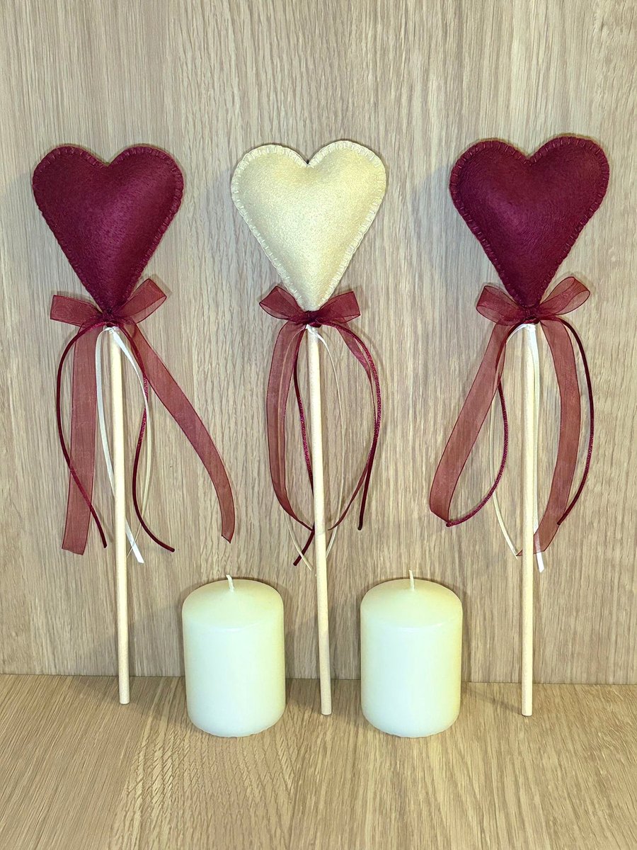 Set of Three Felt Heart Stems 