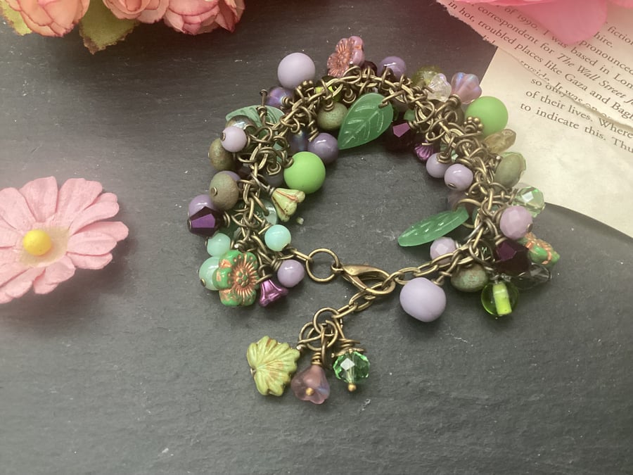Beautiful glass beaded lilac and green adjustable charm bracelet 
