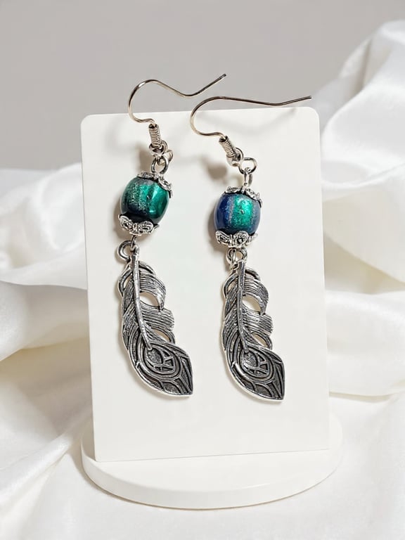  Peacock Feather Earrings Blue Green
