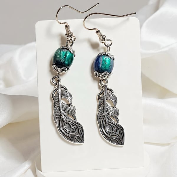  Peacock Feather Earrings Blue Green