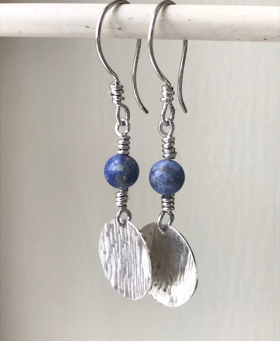 Sterling Silver Drop Earrings With Twisted Links and Pretty Sodalite Gem Beads