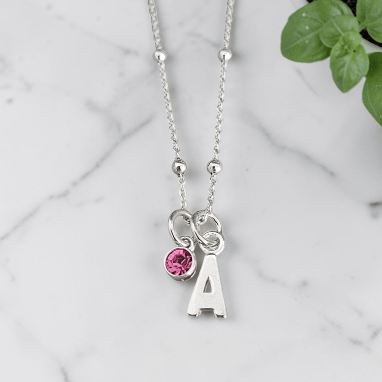 Sterling Silver Personalised Necklace Initial and Birthstone Charm Necklace 