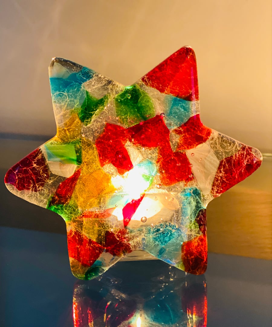 Fused glass cast star candle holder