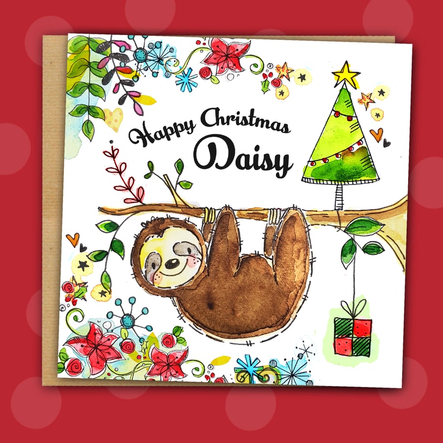 Seasonal Sloth Handmade Christmas personalised white square 6" linen card