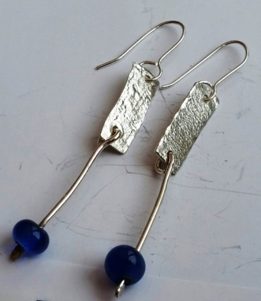 Hammered Sterling Silver  Drop Earrings with Blue Handmade Glass Bead