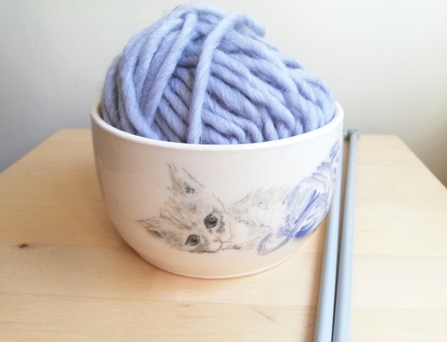 Handmade ceramic yarn bowl with painted cat & yarn with knitting holes gift idea