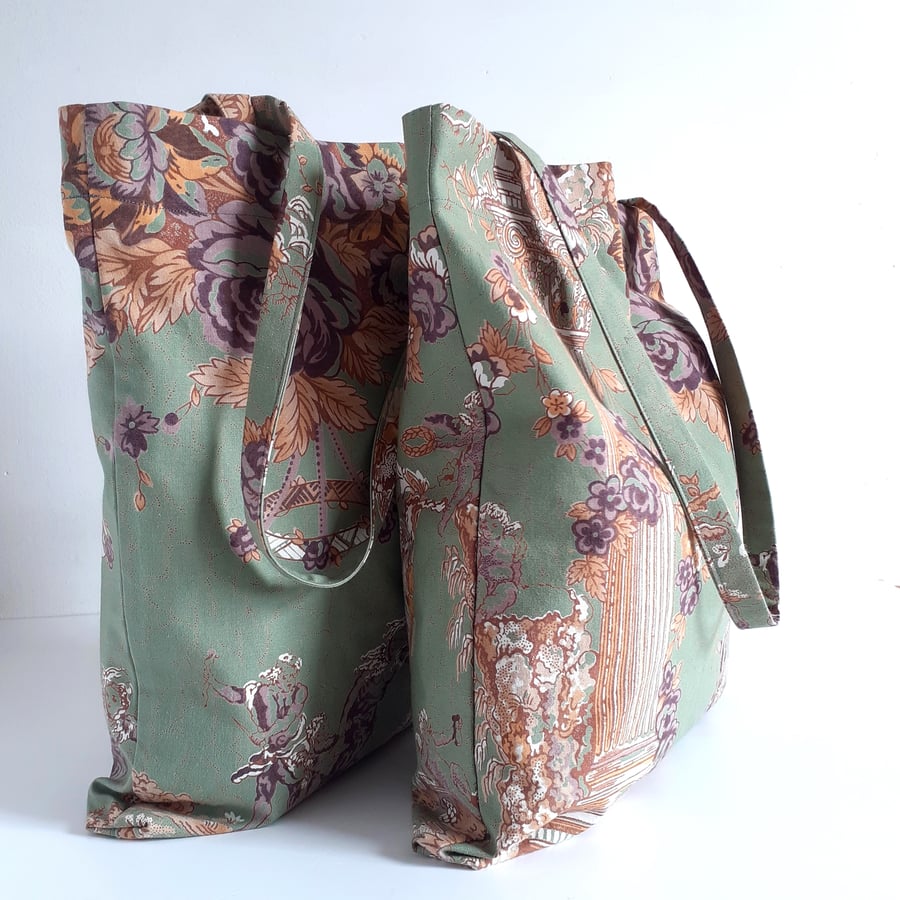 Tote or book bag upcycled in a vintage French textile with a foldaway pouch.