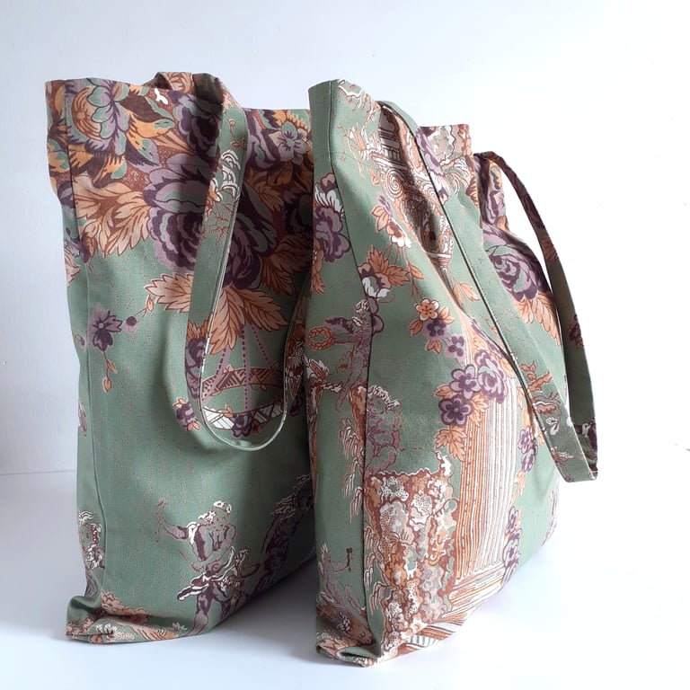 Tote or book bag upcycled in a vintage French textile with a foldaway pouch.