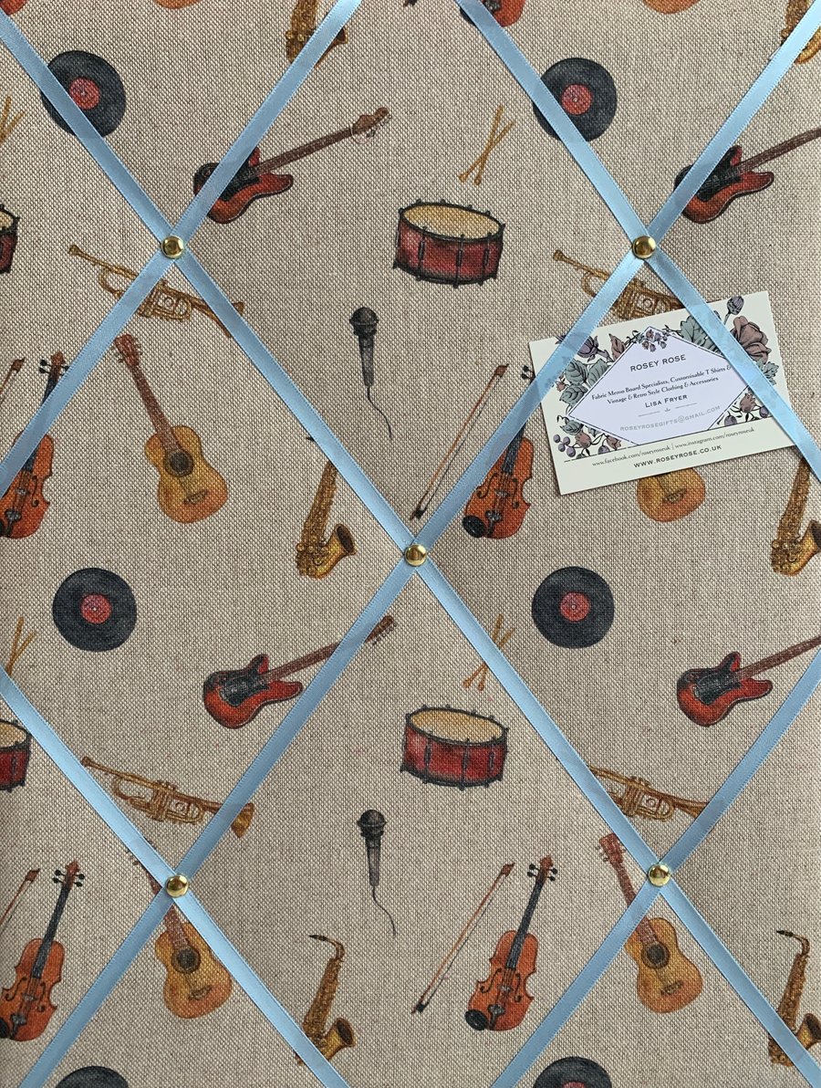 Handmade Bespoke Memo Notice Board With Linen Look Musical Instruments Fabric