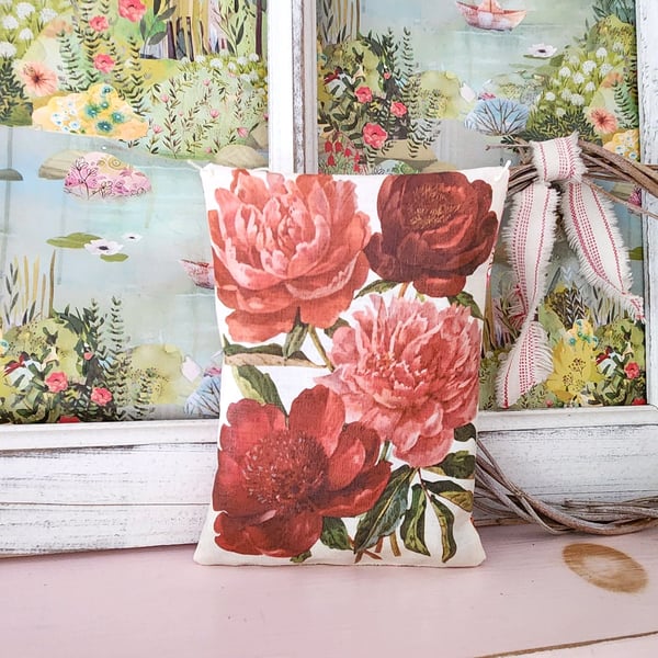Handmade Peony Print Botanical Decor, Cottagecore Floral Sachet Pillow
