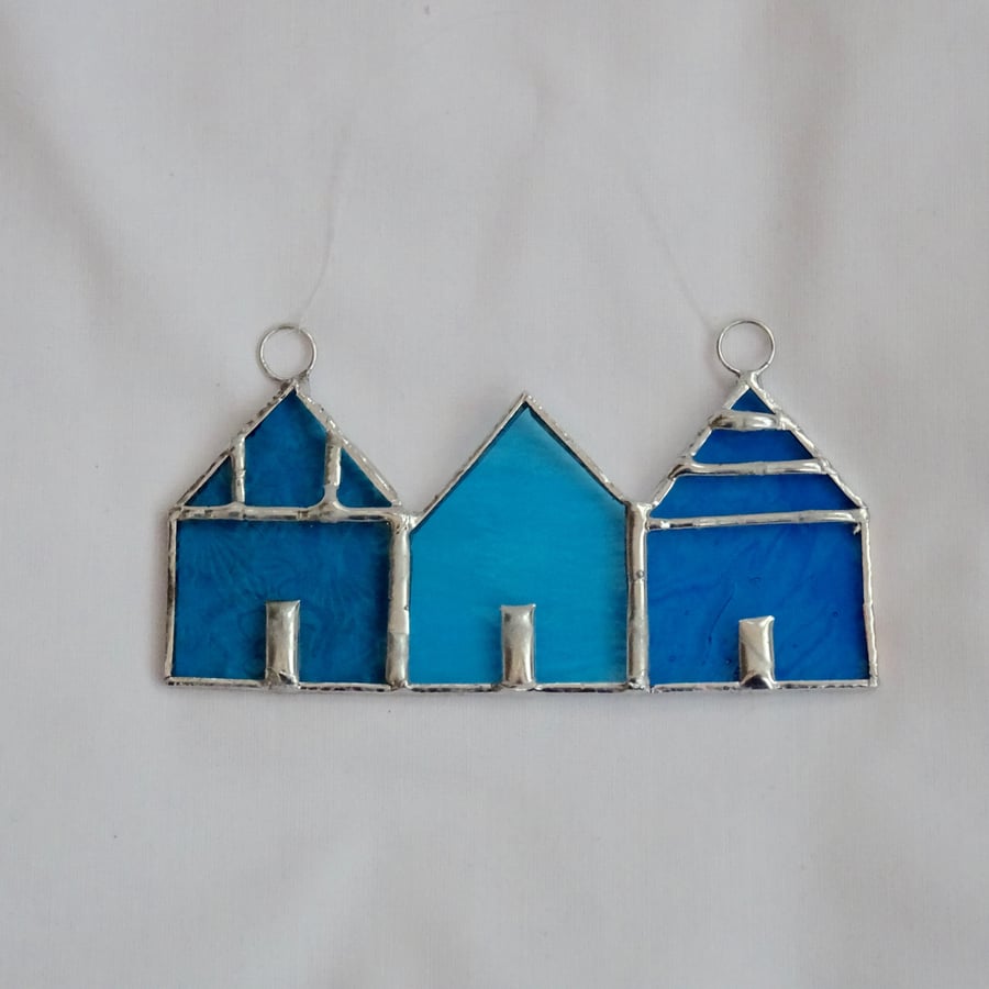 Stained Glass Suncatcher Beach Huts - Handmade decoration - Turquoise