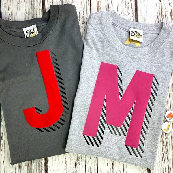 Kids bright letter T-Shirt. Personalise clothing with your Child's Initial