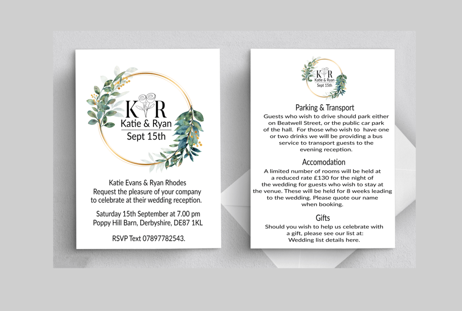 Leaf Wreath Evening Wedding Invitation, Personalised Wedding Stationery
