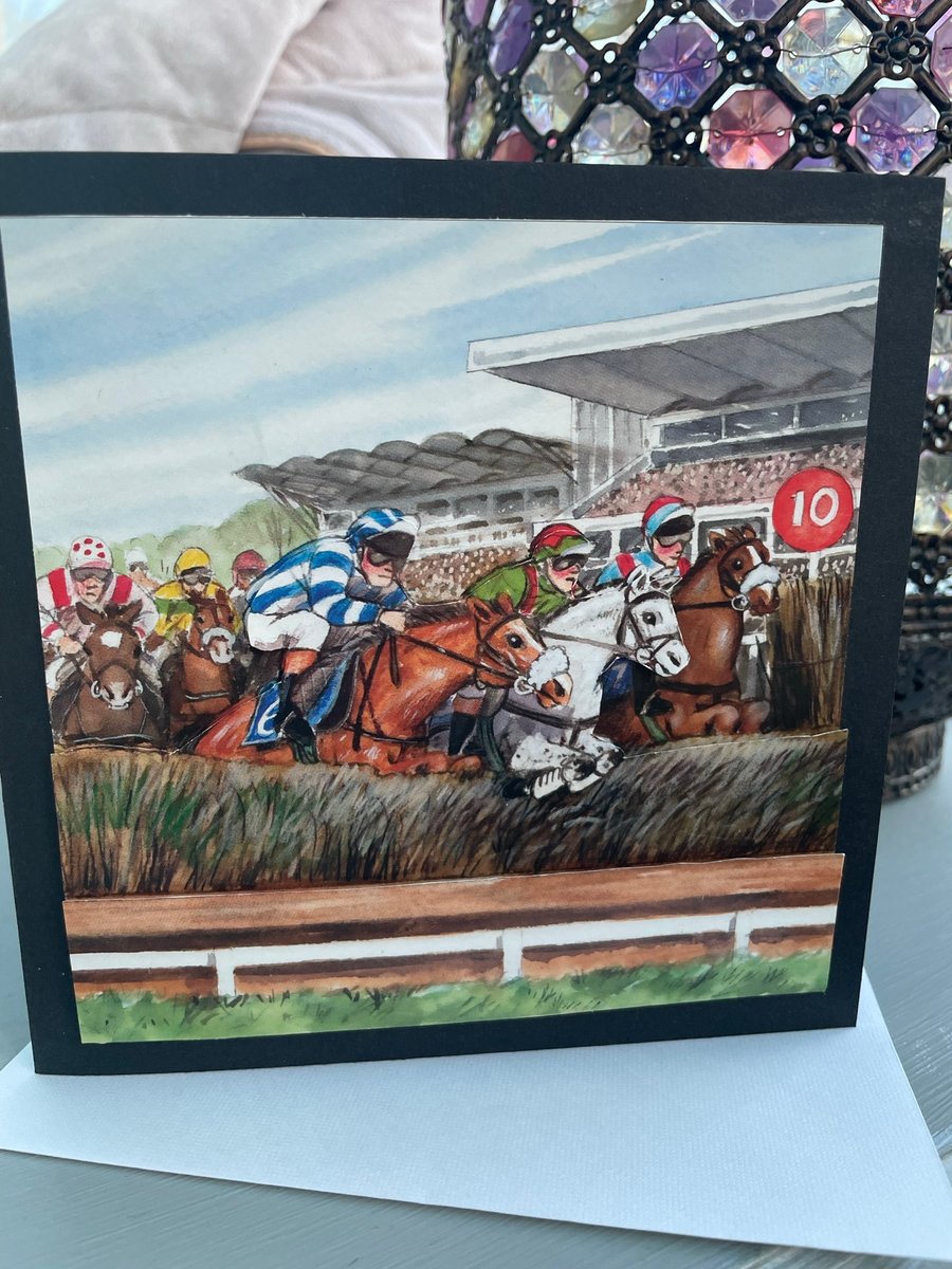 Horse racing over the jumps birthday card or Father's day card