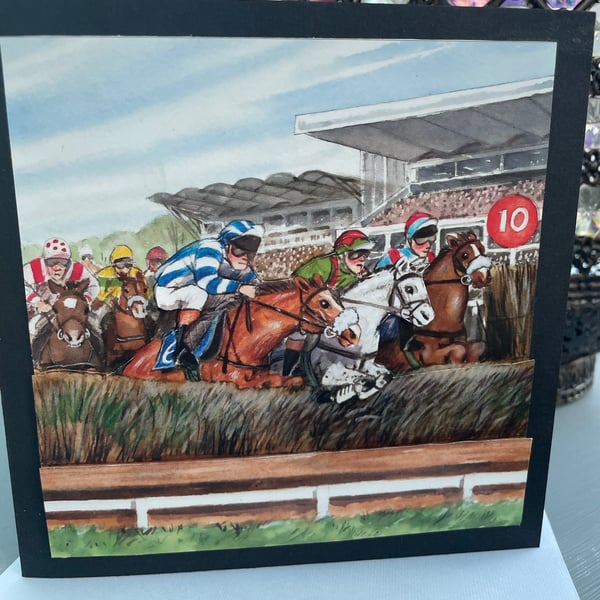 Horse racing over the jumps birthday card or Father's day card