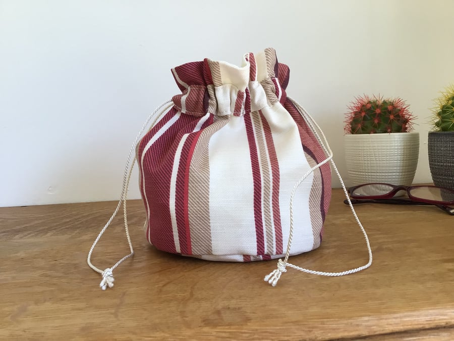 Red and Taupe Striped Drawstring Bag