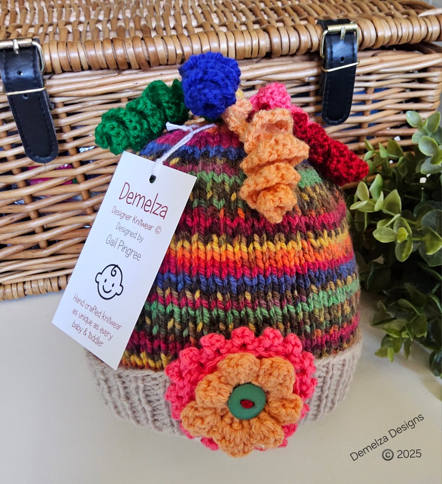 Designer Girl's Hand Knitted Flower Squiggles Beanie Hat 9-18 month size 