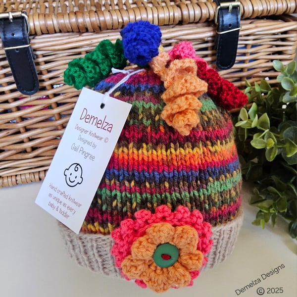 Designer Girl's Hand Knitted Flower Squiggles Beanie Hat 9-18 month size 