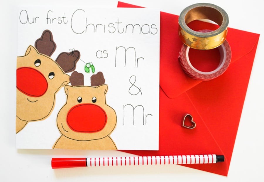 First Christmas as a Mr and Mr reindeer handmade Christmas card- Gay husband 