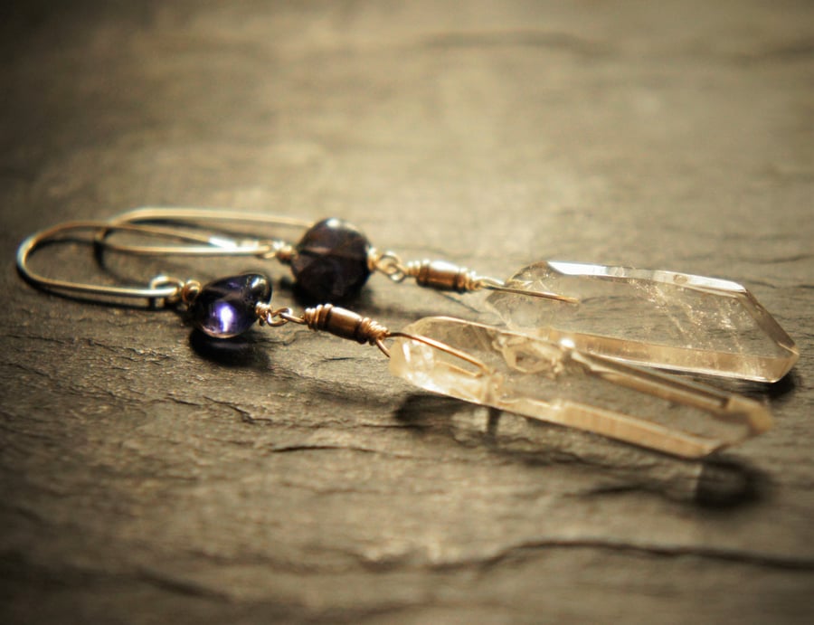 Violet Iolite, Quartz and Sterling Silver Dangle Earrings