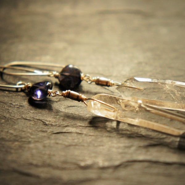 Violet Iolite, Quartz and Sterling Silver Dangle Earrings